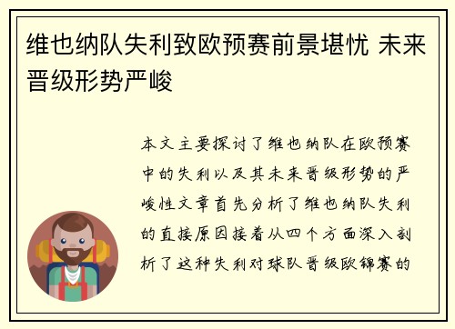 维也纳队失利致欧预赛前景堪忧 未来晋级形势严峻