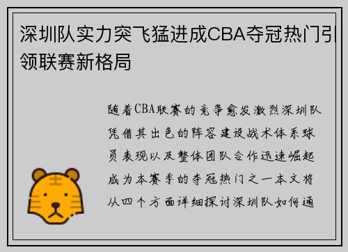 深圳队实力突飞猛进成CBA夺冠热门引领联赛新格局