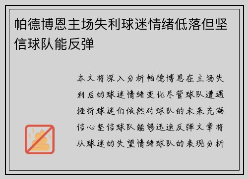 帕德博恩主场失利球迷情绪低落但坚信球队能反弹 帕德博恩主场失利球迷情绪低落但坚信球队能反弹